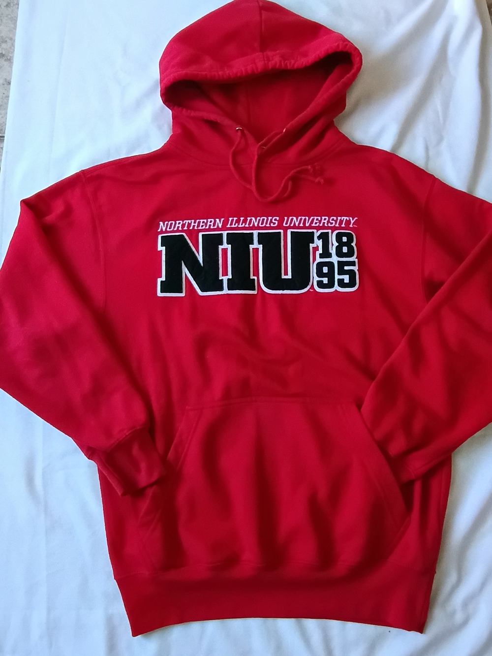 MV Sport Unisex Red Hooded Sweatshirt with Black & White NIU Logo Size S.
